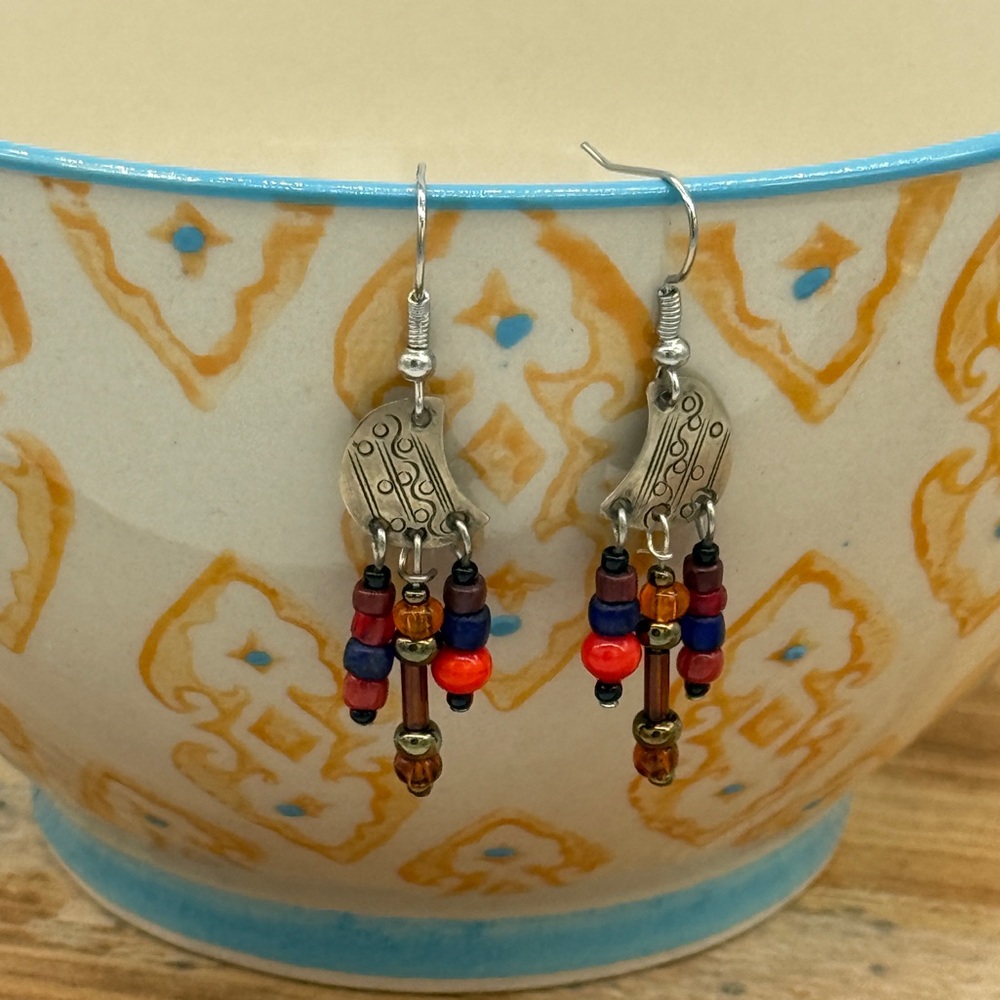 Silvertone Moon Earrings with Dangling Multicolor Beads